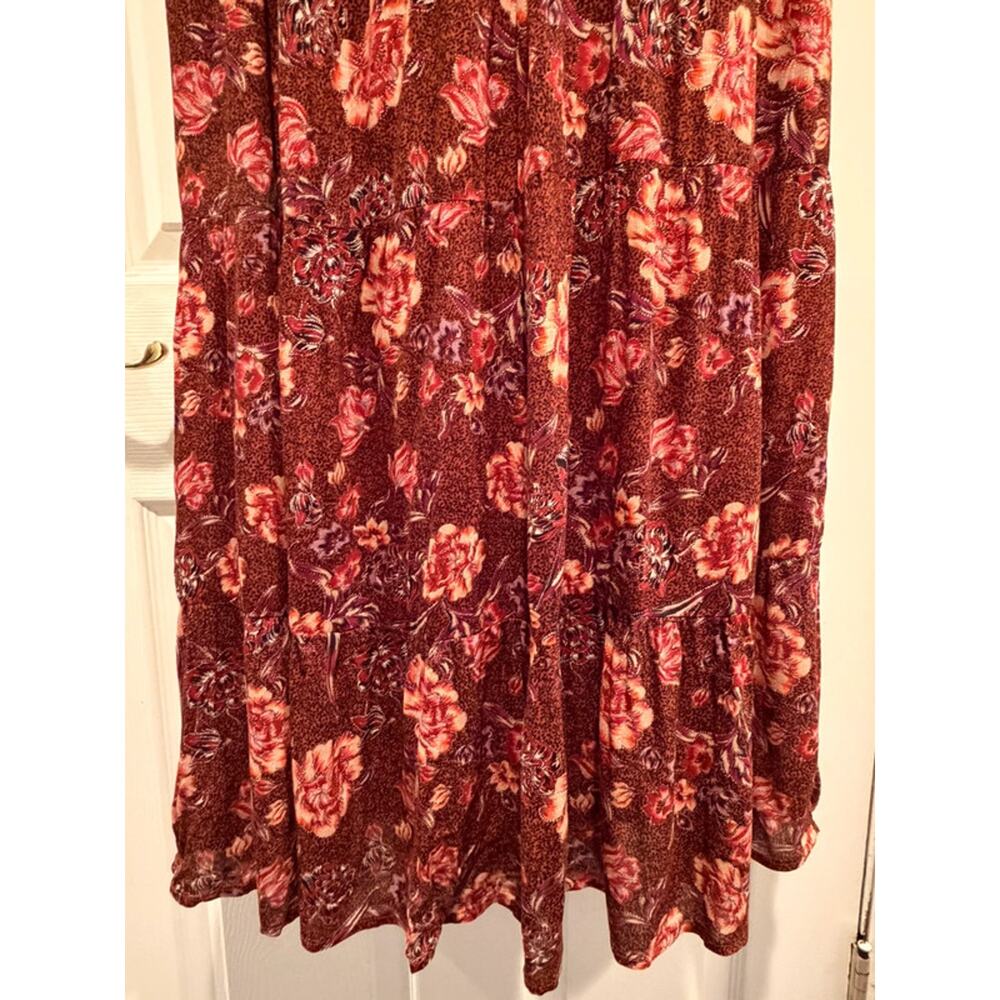 Good Hart Floral Boho Midi Dress Burgundy Rust Red Tie Neck Rayon Medium M - Picture 7 of 11